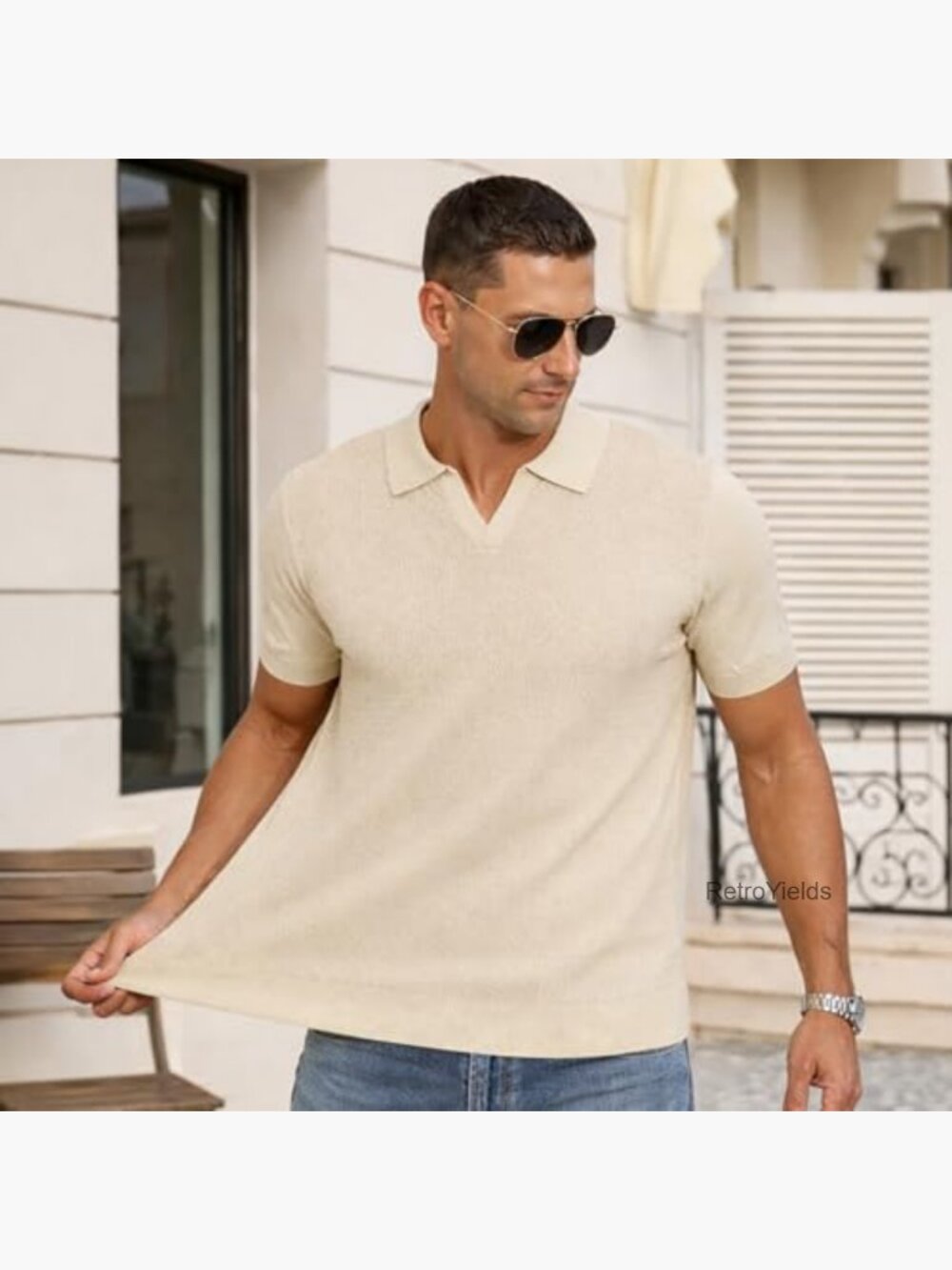 Men's Textured V-Neck Short Sleeve Polo Shirt - Casual Golf Pullover - Picture 3 of 7